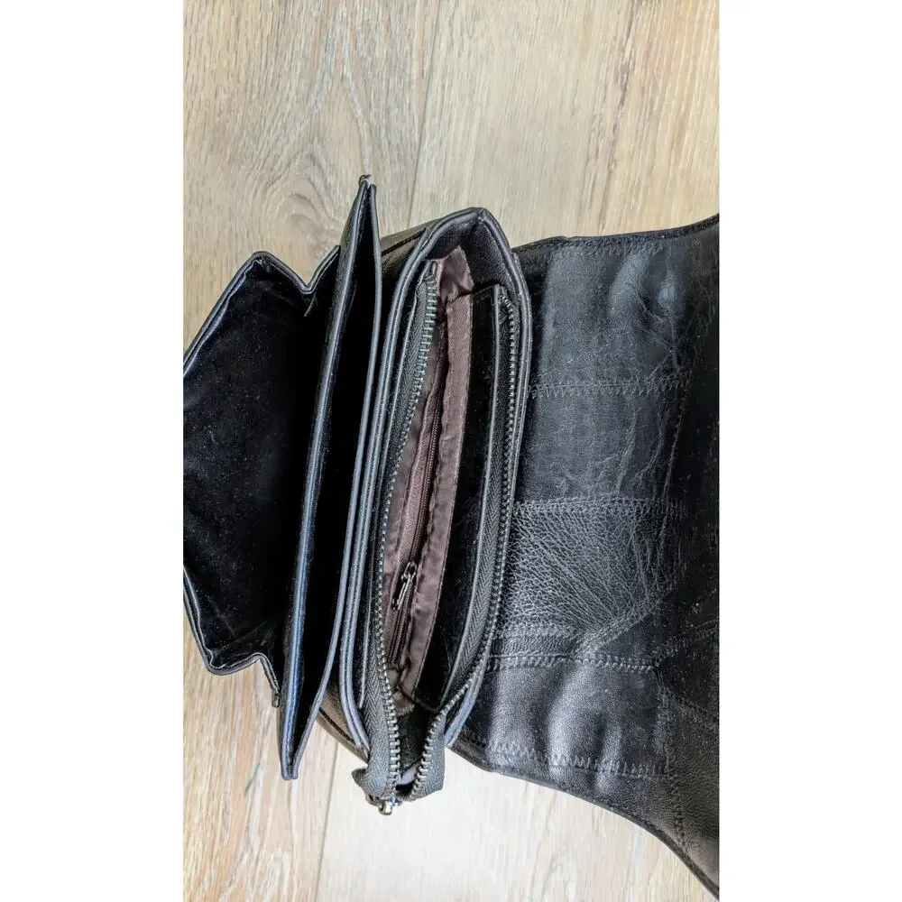 Moshineno Crossbody Bag Black Moto Patchwork Metal Badge Wide Strap Moshoinot